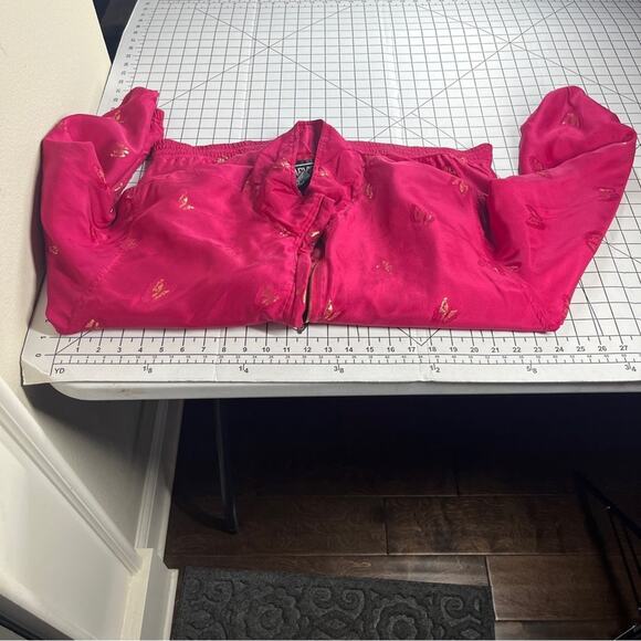 Abvien Vintage SILK Prink Gold Butterfly Bomber Jacket Barbie Zip Up Collared L - Picture 10 of 12
